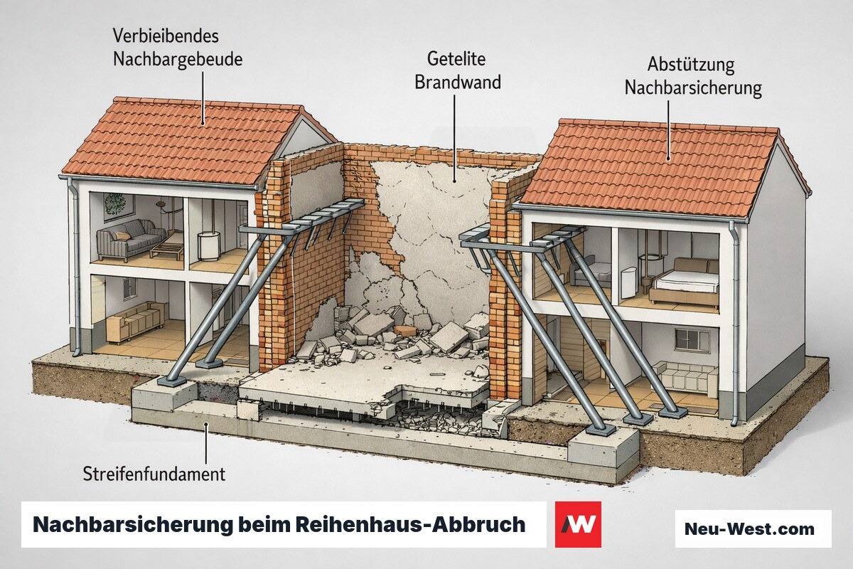 Isometrischer Querschnitt: Abbruch eines Reihenmittelhauses mit abgestützten Brandwänden und gesicherten Nachbargebäuden.