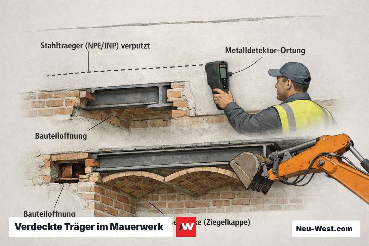 Querschnitt einer Berliner Preußendecke mit verdeckten Stahlträgern, Metalldetektor-Ortung und Bauteilöffnung vor dem Baggerabbruch.