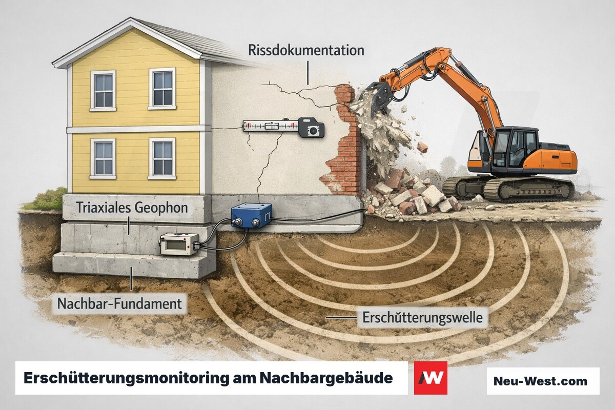 Querschnitt: Triaxiales Geophon am Nachbargebäude-Fundament misst Erschütterungswellen vom Abbruch, mit Rissdokumentation der Fassade.