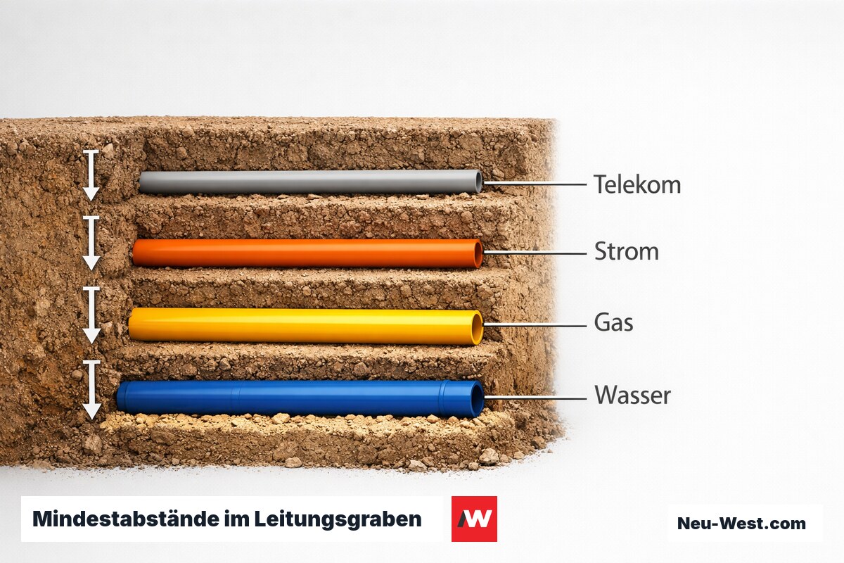 Mindestabstände im Leitungsgraben: Kreuzungsabstände zu Fremdleitungen – Erklär-Grafik (NEUWEST Berlin)