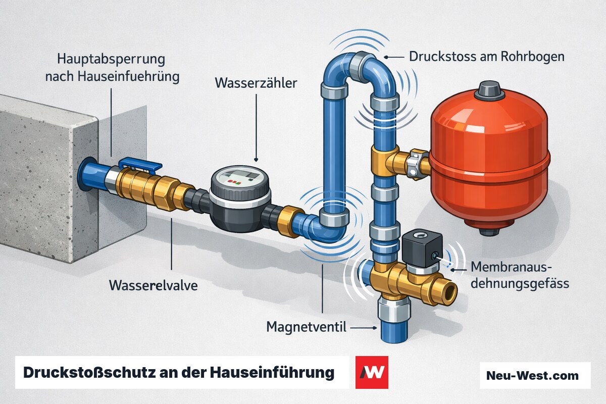 Cutaway der Kellerhauseinführung mit Hauptabsperrung, Membranausdehnungsgefäß und Druckstoß-Zonen an Rohrbogen und Magnetventil im Mehrfamilienhaus.