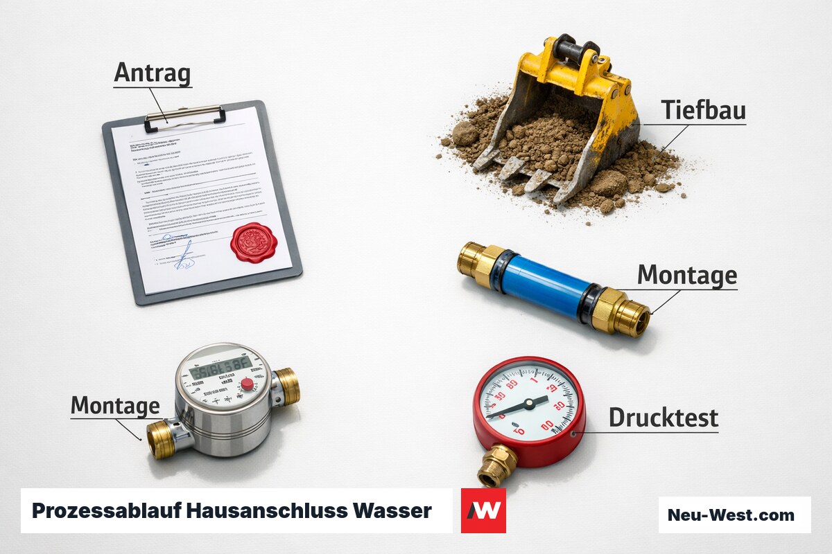 Prozessablauf Hausanschluss Wasser: 5 Phasen mit typischen Zeitfenstern – Erklär-Grafik (NEUWEST Berlin)
