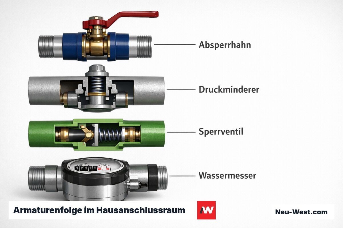 Armaturenfolge im Hausanschlussraum: Reihenfolge und Funktion – Erklär-Grafik (NEUWEST Berlin)