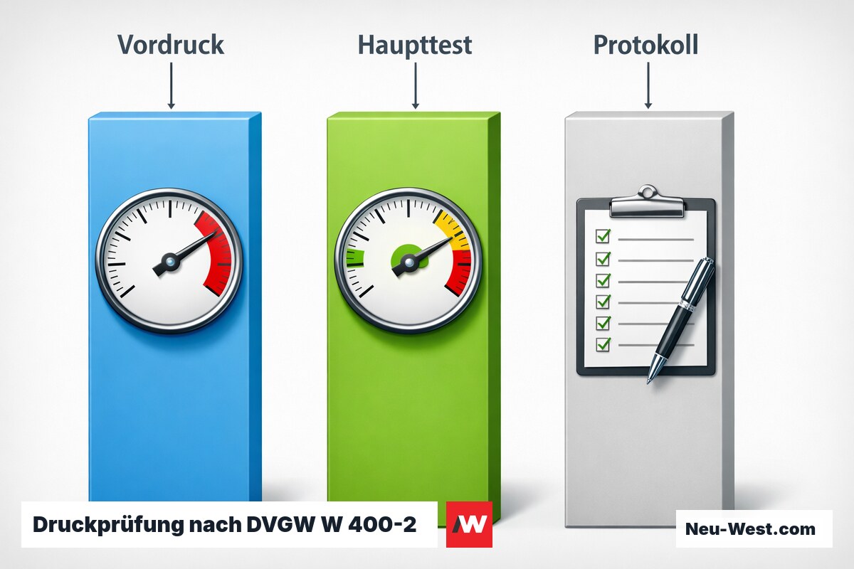 Druckprüfung nach DVGW W 400-2: 3 Phasen und zulässige Druckabfälle – Erklär-Grafik (NEUWEST Berlin)