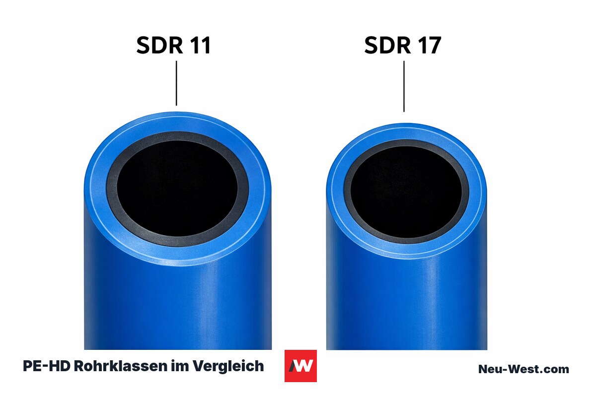 PE-HD Rohrklassen im Vergleich: SDR 11 vs. SDR 17 — Wanddicke und Druckstufe – Erklär-Grafik (NEUWEST Berlin)