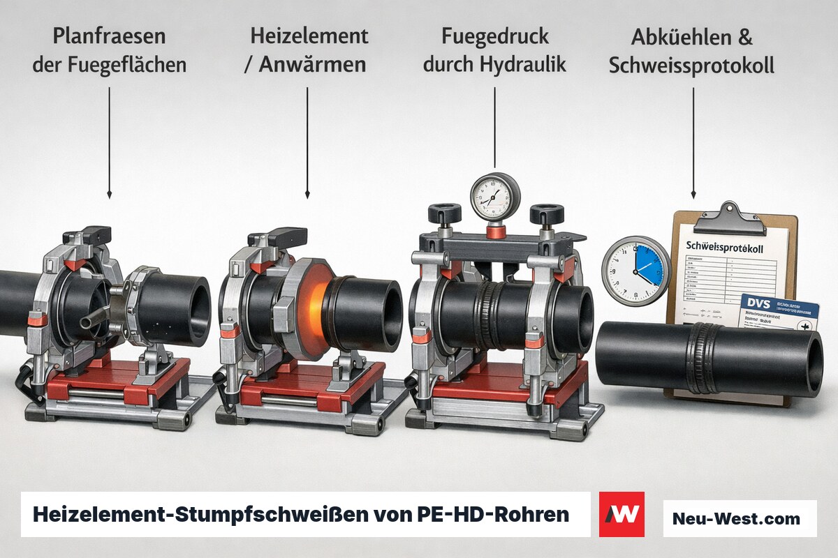 Prozess-Grafik der vier Schritte beim DVS-Stumpfschweißen von PE-HD-Rohren: Fräsen, Anwärmen, Fügen unter Druck, Abkühlen mit Schweißprotokoll.