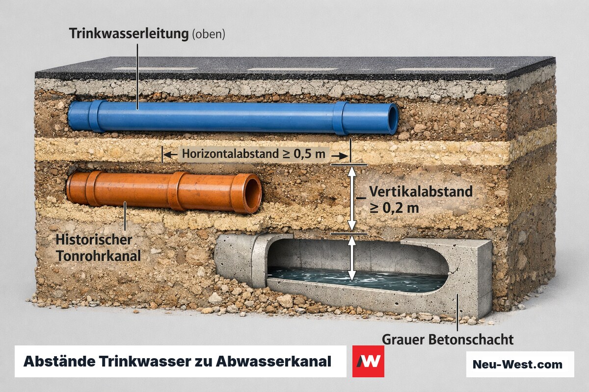 Querschnitt einer Berliner Baugrube: Trinkwasserleitung oberhalb, historischer Tonrohr- und Betonkanal darunter, mit Horizontal- und Vertikalabständen nach DVGW W 400-2.