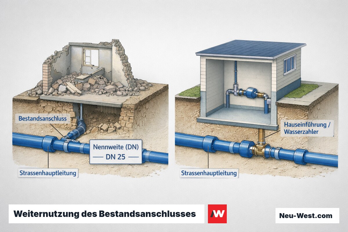 Querschnitt eines Grundstücks: bestehender Wasser-Hausanschluss von der Straßenleitung zum Neubau, mit markierter Nennweite und Hauseinführung.