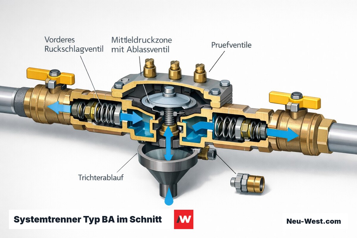 Schnittdarstellung eines prüfpflichtigen Rückflussverhinderers Typ BA mit zwei Rückschlagventilen, Mitteldruckzone, Ablassventil und Prüfventilen.