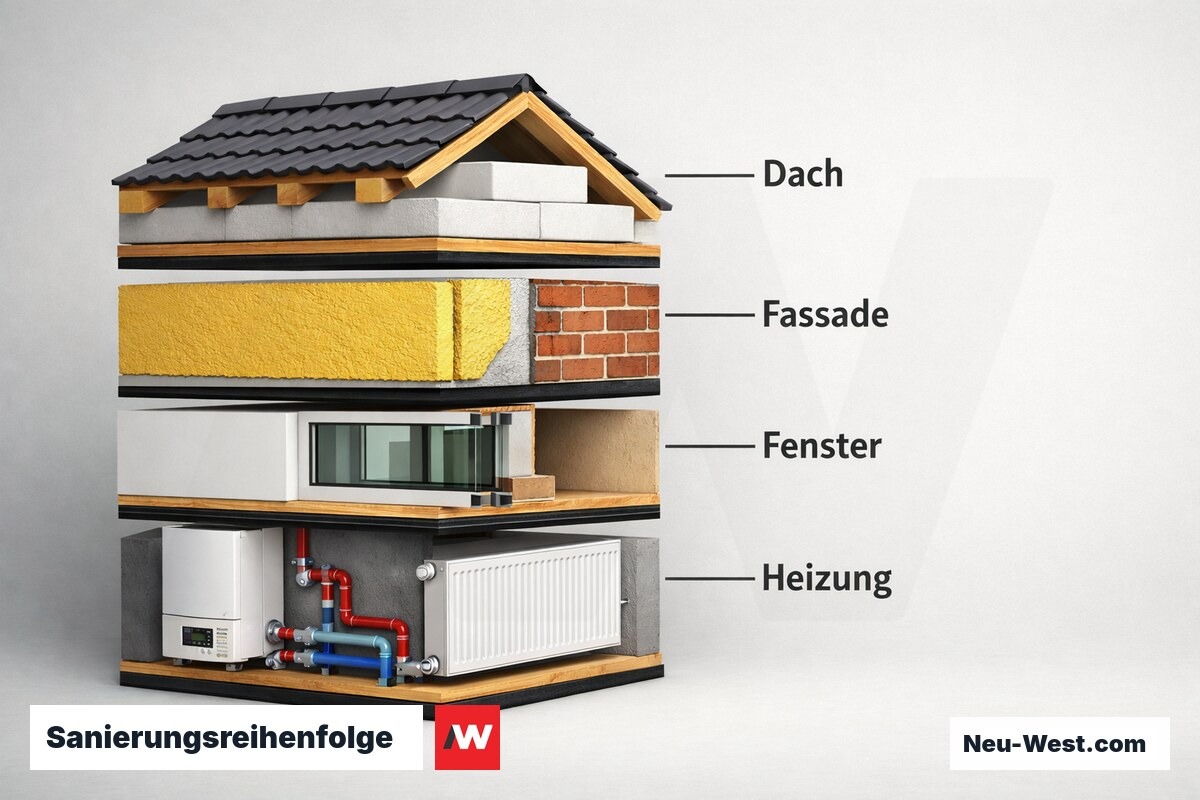 Sanierungsreihenfolge: Gebäudehülle vor Heizanlage – Erklär-Grafik (NEUWEST Berlin)