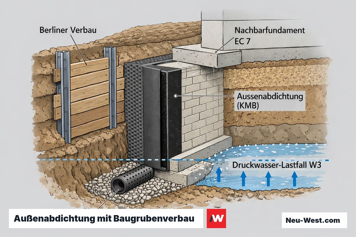 Querschnitt Berliner Kellerwand mit KMB-Außenabdichtung, Drainage, Drucklastfall W3 und Berliner Verbau vor Nachbarfundament nach DIN 18533.