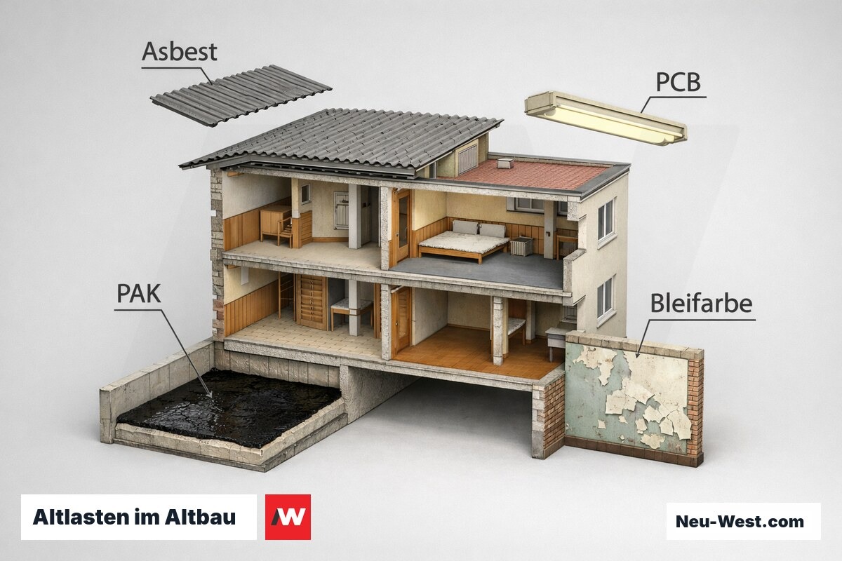 Altlasten im Altbau: Schadstoffe und typische Einbauorte (Baujahr bis 1990) – Erklär-Grafik (NEUWEST Berlin)