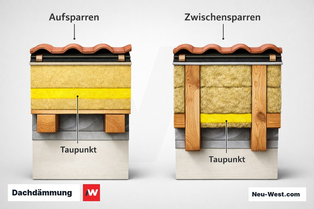 Dachdämmung: Aufsparren- vs. Zwischensparrendämmung im Vergleich – Erklär-Grafik (NEUWEST Berlin)
