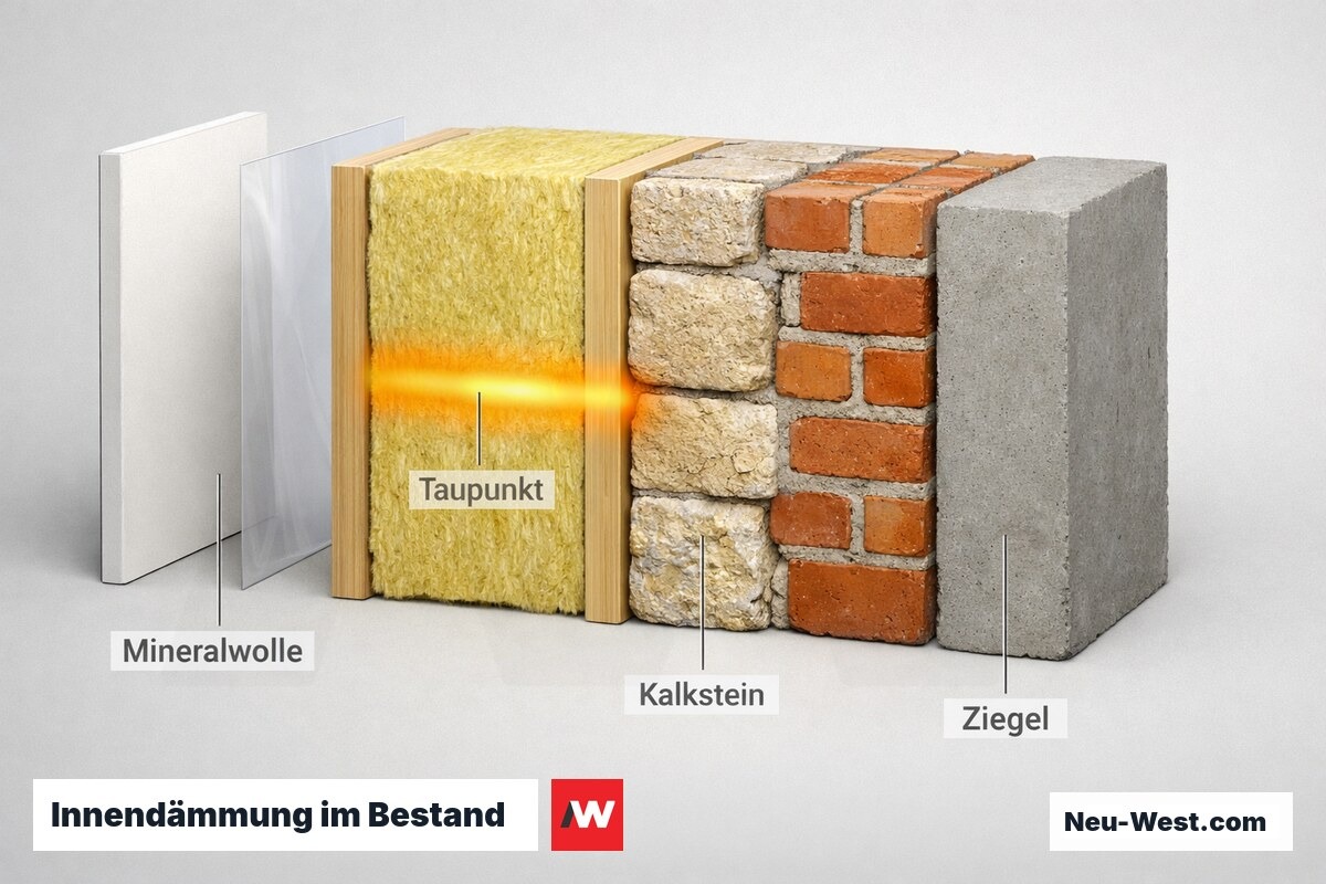 Innendämmung im Bestand: Schichtaufbau und Taupunktlage nach Wandtyp – Erklär-Grafik (NEUWEST Berlin)