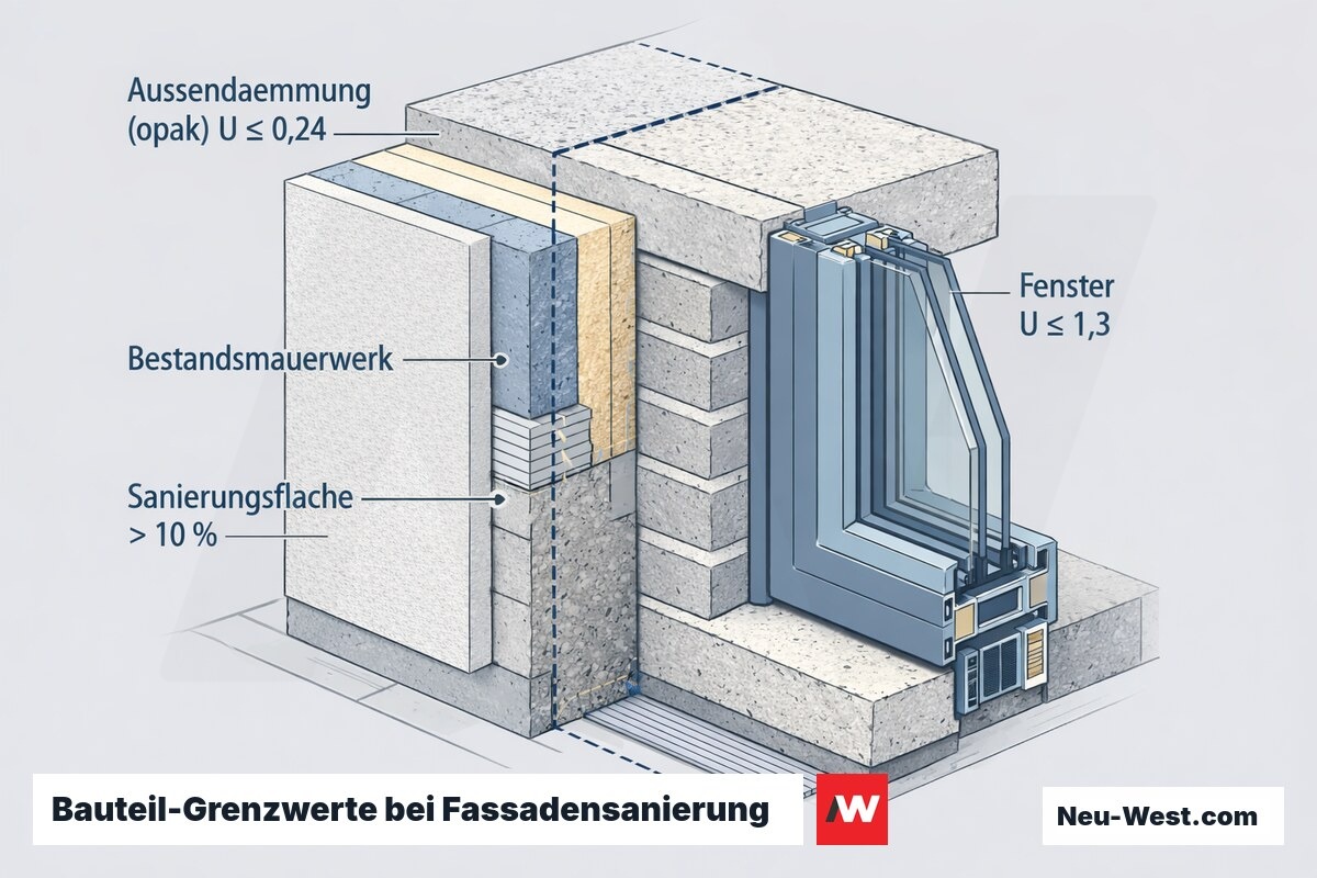 Querschnitt-Detail einer sanierten Außenwand mit Dämmung und Fenster, zeigt U-Wert-Grenzwerte und die 10-Prozent-Bauteilflächenregel nach GEG 2024.