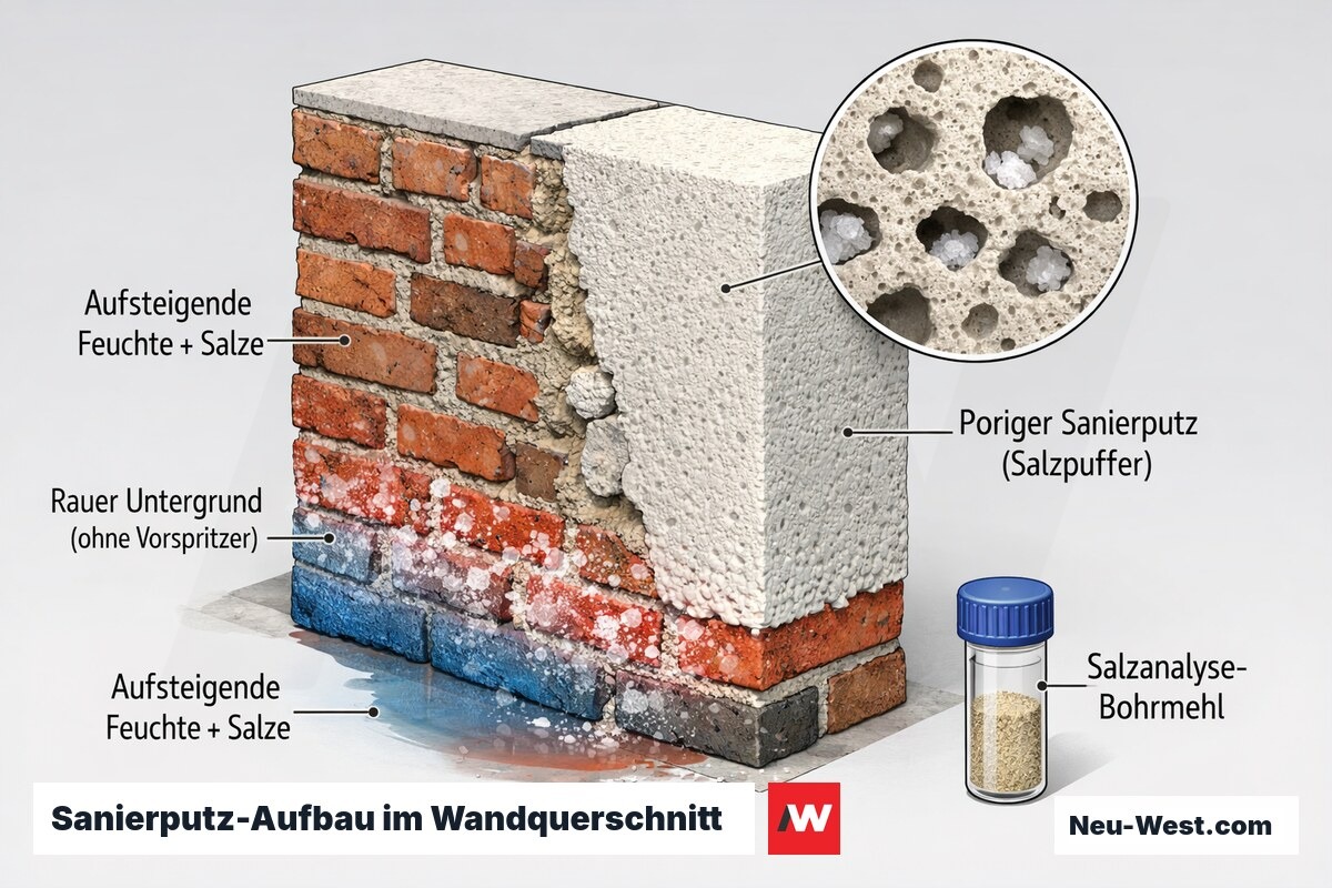 Wandquerschnitt: aufsteigende Feuchte mit Salzen, rauer Untergrund ohne Vorspritzer, poriger Sanierputz als Salzpuffer und Bohrmehl-Salzanalyse.