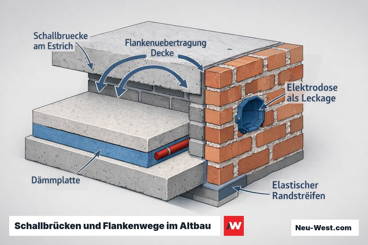 Querschnitt einer Altbau-Deckendurchdringung mit Schallbrücken am Estrich, Flankenübertragung, Elektrodose und elastischem Randstreifen als Schallschutz-Detail.