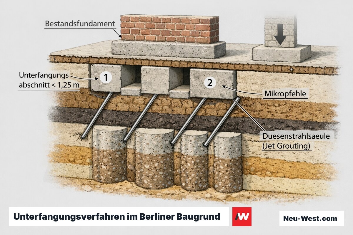 Querschnitt einer Unterfangung: Bestandsfundament, abschnittsweise Betonierung unter 1,25 m, Mikropfähle und Düsenstrahlsäulen in geschichtetem Sand-Schluff-Torf-Baugrund.