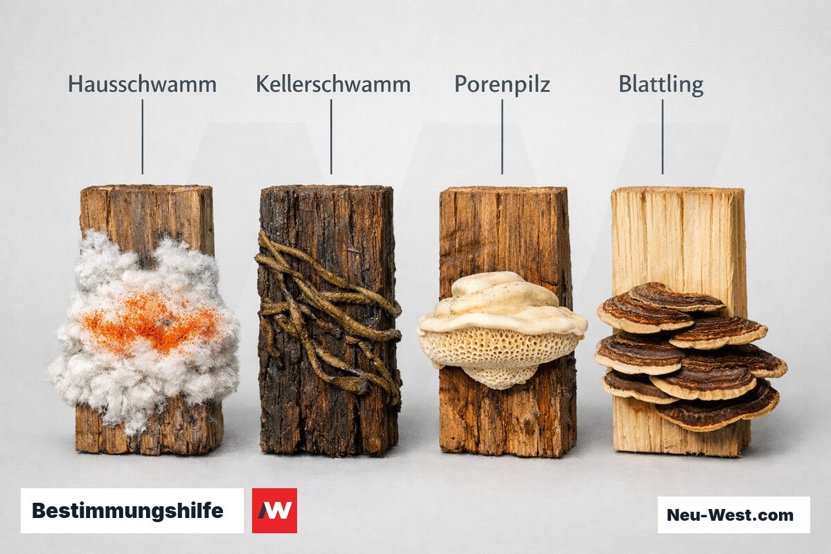 Bestimmungshilfe: Holzzerstörende Pilze im direkten Vergleich – Erklär-Grafik (NEUWEST Berlin)