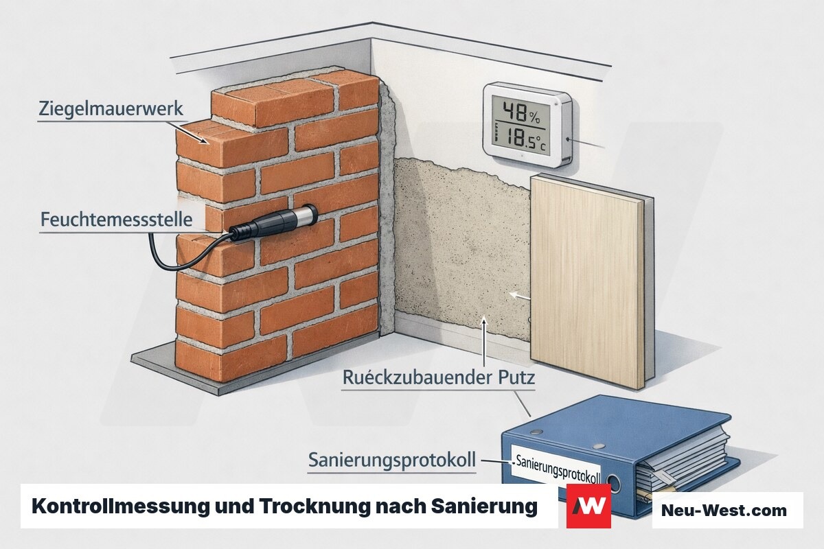 Querschnitt eines sanierten Ziegelmauerwerks mit Feuchtemessstelle, rückzubauendem Putz und archiviertem Sanierungsprotokoll für Kontrollmessungen.