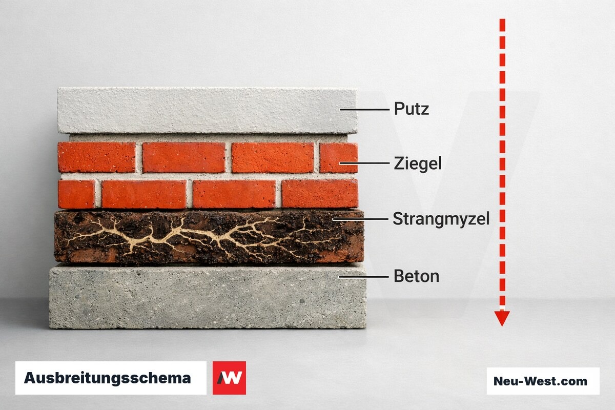 Ausbreitungsschema: Strangmyzel im Mauerwerksquerschnitt mit Abriegelzone – Erklär-Grafik (NEUWEST Berlin)
