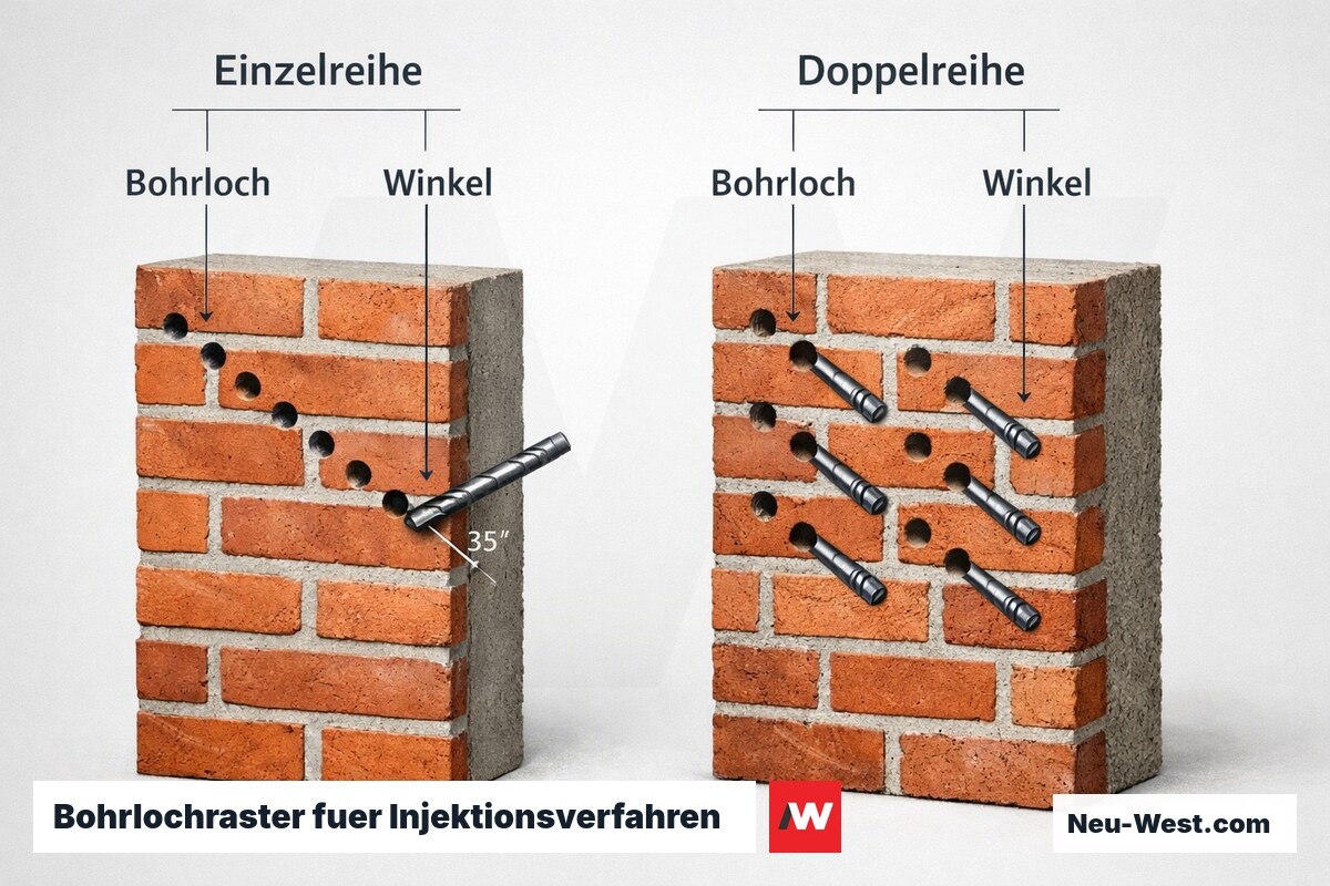 Bohrlochraster fuer Injektionsverfahren: Einzel- vs. Doppelreihe nach Wandstaerke – Erklär-Grafik (NEUWEST Berlin)