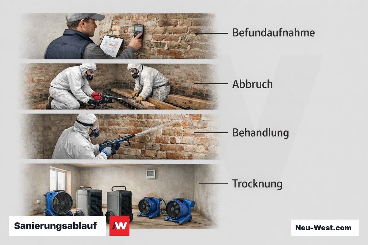 Sanierungsablauf: Vier Kernphasen der fachgerechten Hausschwamm-Sanierung – Erklär-Grafik (NEUWEST Berlin)
