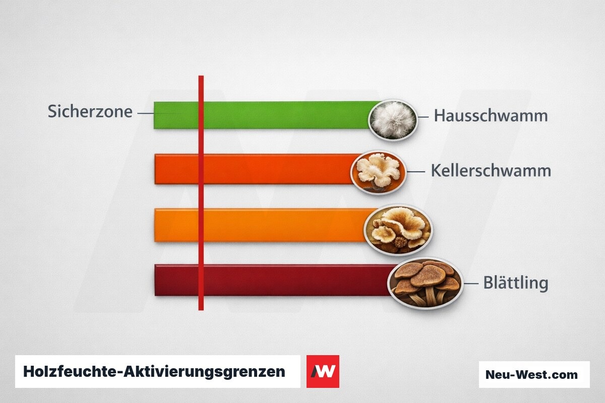 Holzfeuchte-Aktivierungsgrenzen: Kritische Schwellenwerte je Pilzart – Erklär-Grafik (NEUWEST Berlin)