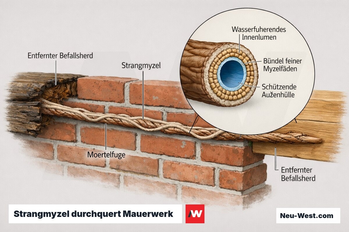 Querschnitt durch Ziegelmauerwerk: Hausschwamm-Strangmyzel wächst durch Mörtelfugen, Innenlumen als Wasserleitung zwischen feuchtem und entferntem Holz.