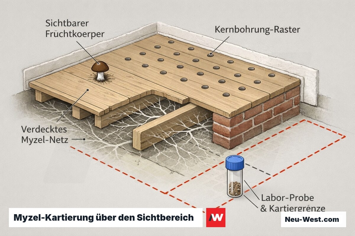 Aufsicht-Cutaway eines Raums: ein Fruchtkörper auf dem Boden, darunter weit verzweigtes verstecktes Myzel, Kernbohrungs-Raster und Kartiergrenze zur Labornachweis-Sanierung.