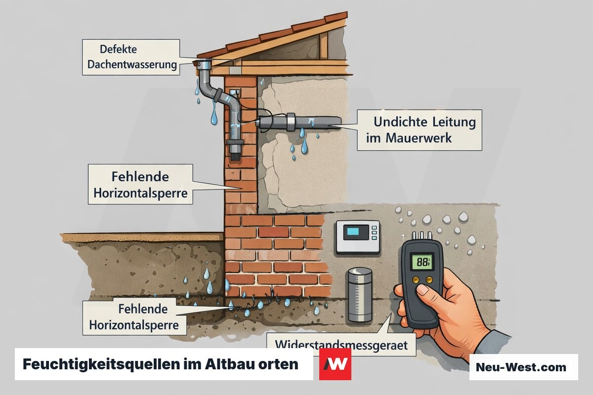 Querschnitt eines Altbaus mit vier Feuchtigkeitsquellen von Dach bis Keller und Messtechnik zur Kontrolle des Trocknungsfortschritts