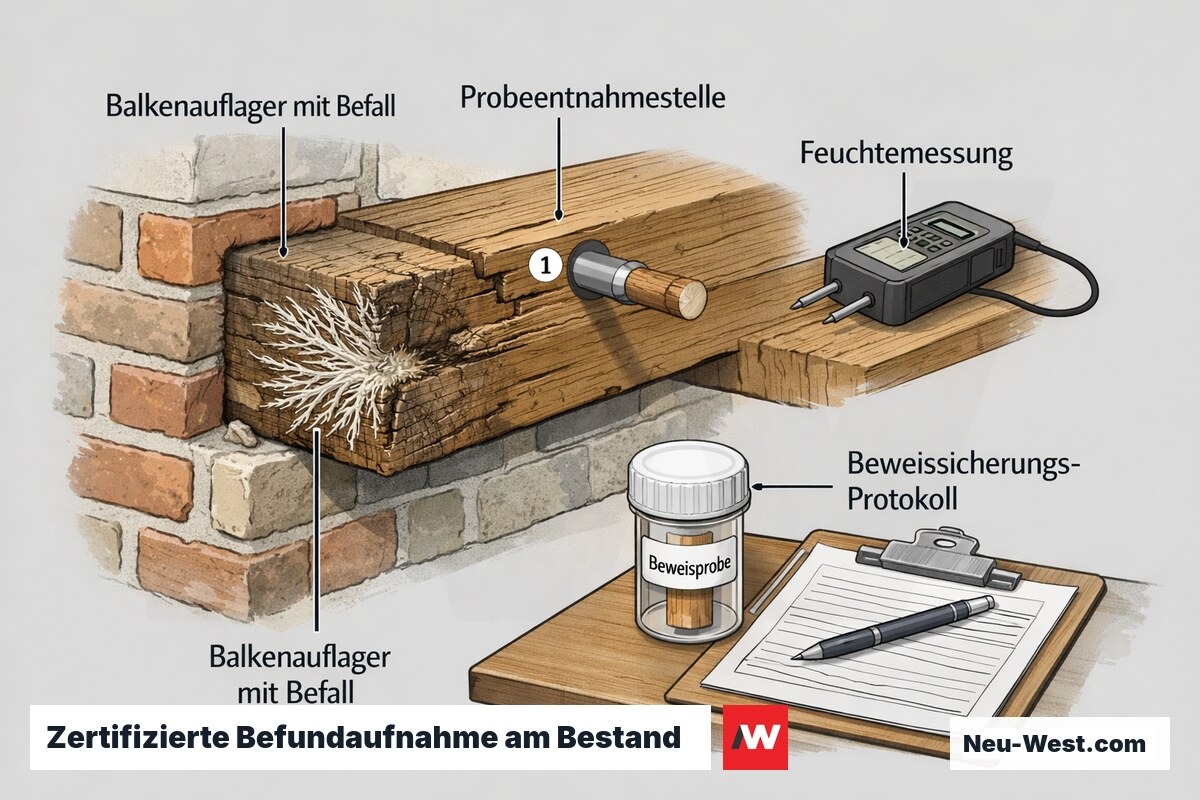 Querschnitt eines denkmalgeschützten Gebäudes mit Balkenauflager, Probeentnahme, Feuchtemessung und Beweissicherungs-Protokoll bei der Sachverständigen-Befundaufnahme.