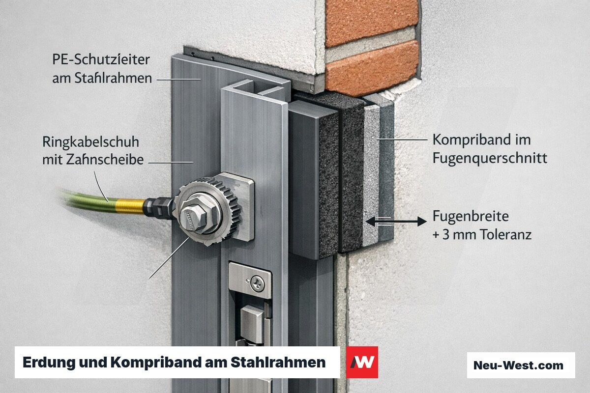 Cutaway-Detail eines Stahl-Türrahmens mit PE-Schutzleiteranschluss und Kompriband im Fugenquerschnitt mit Toleranzmaß – Erklär-Grafik NEUWEST Berlin.
