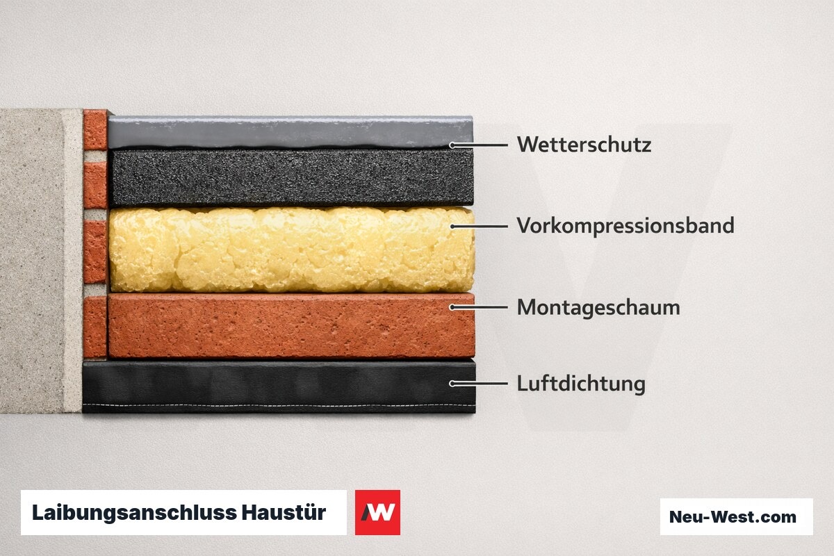 Laibungsanschluss Haustür – Schichtaufbau nach RAL-Leitfaden Fenster/Haustür – Erklär-Grafik (NEUWEST Berlin)