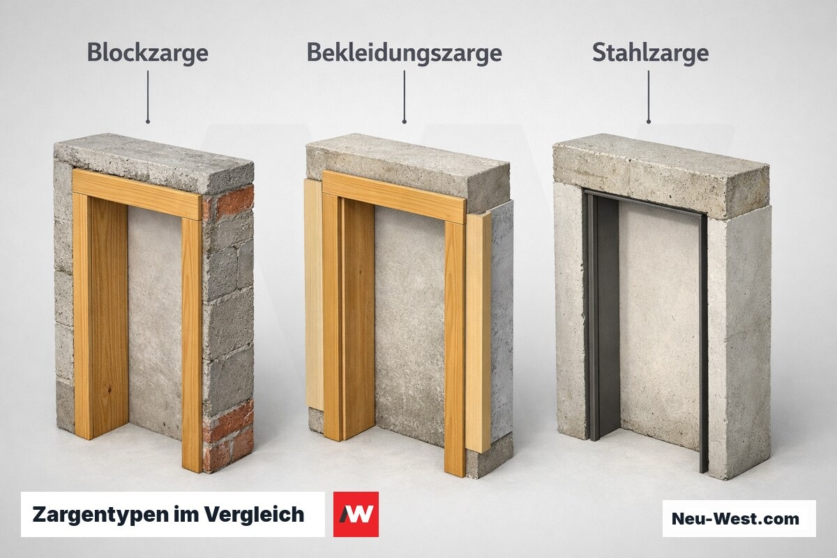 Zargentypen im Vergleich: Blockzarge, Bekleidungszarge, Stahlzarge – Erklär-Grafik (NEUWEST Berlin)