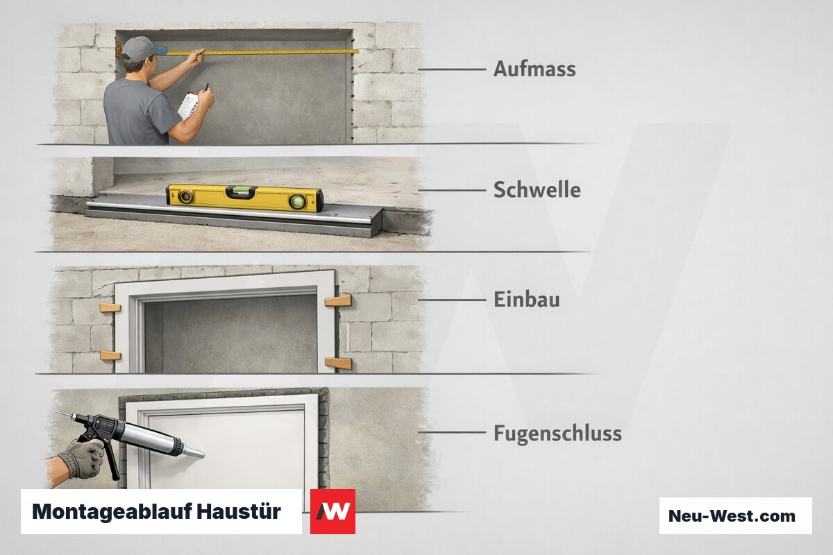 Montageablauf Haustür: 4 Kernphasen von Aufmaß bis Fugenschluss – Erklär-Grafik (NEUWEST Berlin)