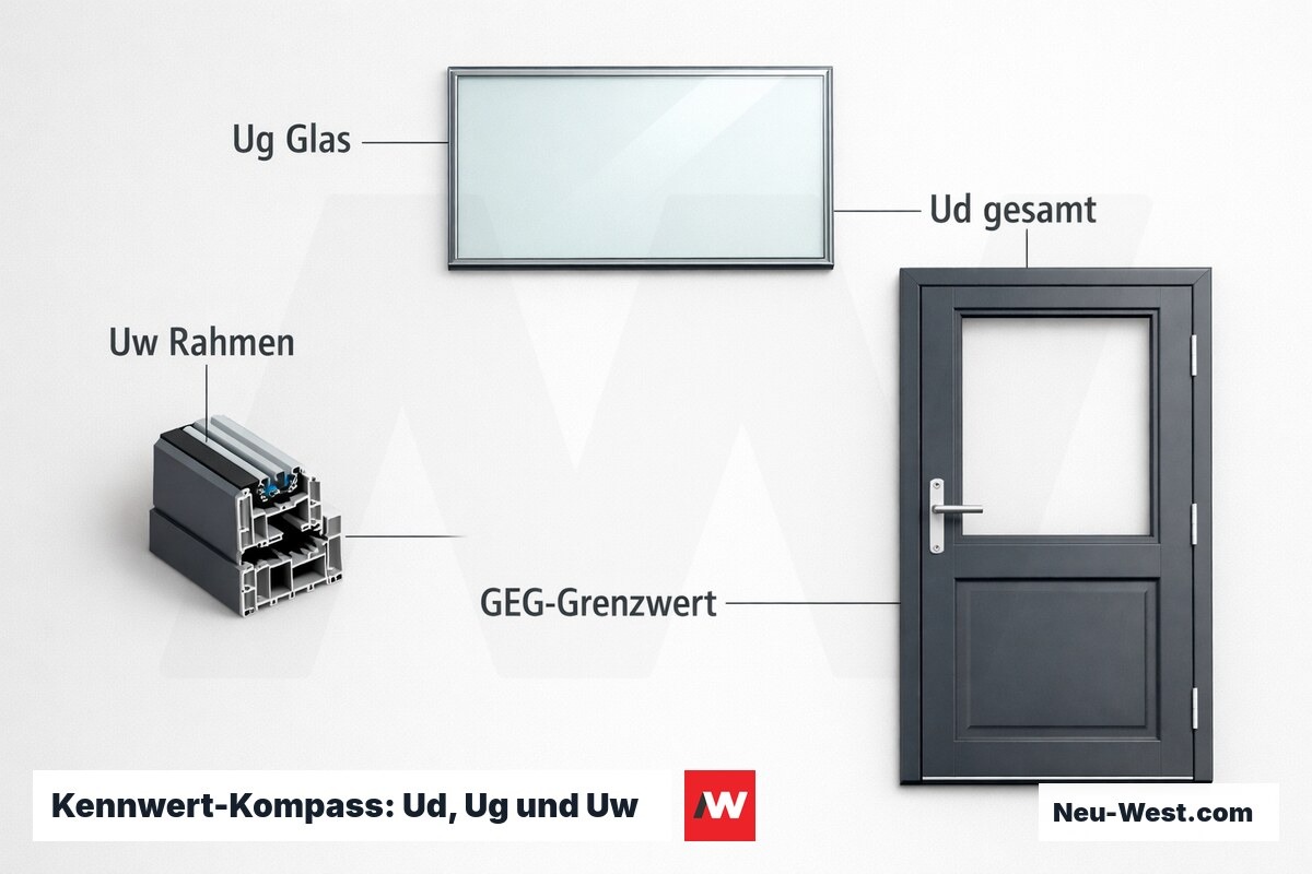 Kennwert-Kompass: Ud, Ug und Uw – wie Glasflächenanteil den Gesamtwert verschiebt – Erklär-Grafik (NEUWEST Berlin)