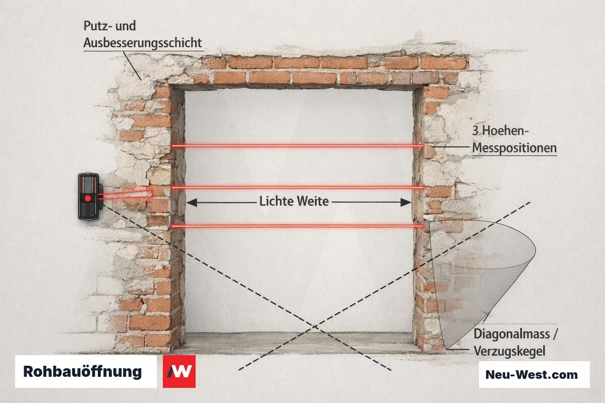 Querschnitt einer Rohbauöffnung für die Haustür mit Putzschichten, drei Höhen-Messpunkten per Laser und Diagonalmaßen zur Verzugskontrolle.