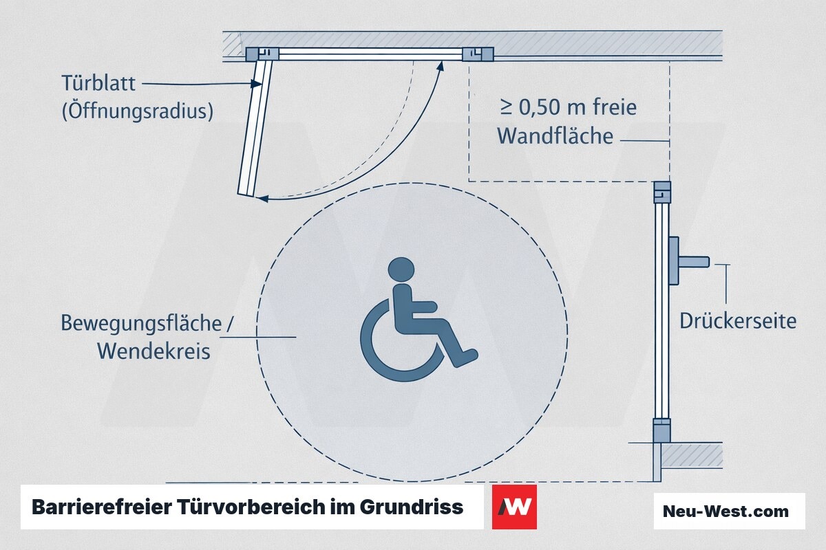 Grundriss-Diagramm einer barrierefreien Haustür mit Bewegungsfläche, Wendekreis und mindestens 0,50 m freier Wandfläche neben dem Türdrücker nach DIN 18040-2.