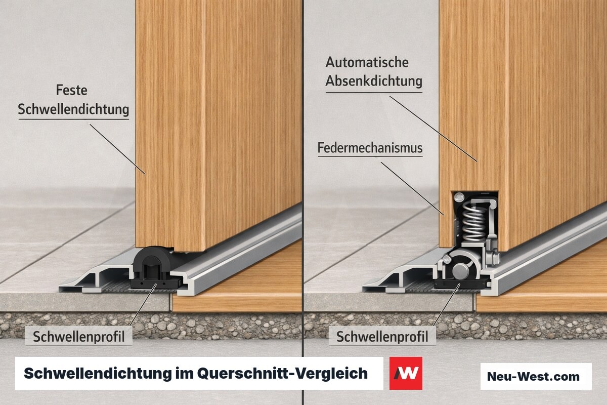Querschnitt der Haustür-Bodendichtung: feste Schwellendichtung gegenüber automatischer Absenkdichtung mit Federmechanismus am Schwellenprofil.