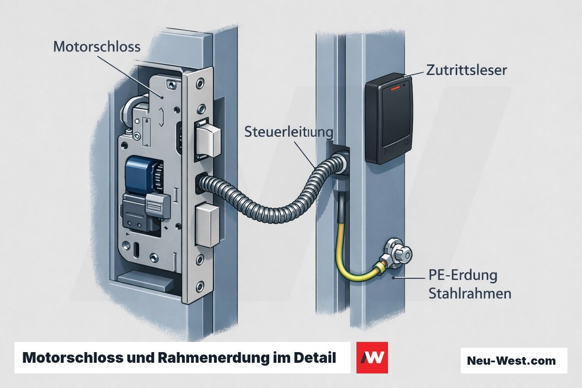 Cutaway-Detail eines Stahlrahmens mit Motorschloss, Zutrittsleser, Steuerleitung und PE-Erdung des Rahmens nach VDE 0100-540.