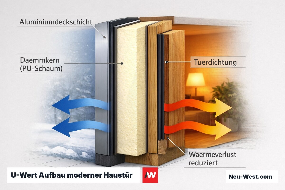 Querschnitt einer modernen Haustür mit Dämmkern, Dichtungen und Wärmefluss-Visualisierung von innen nach außen