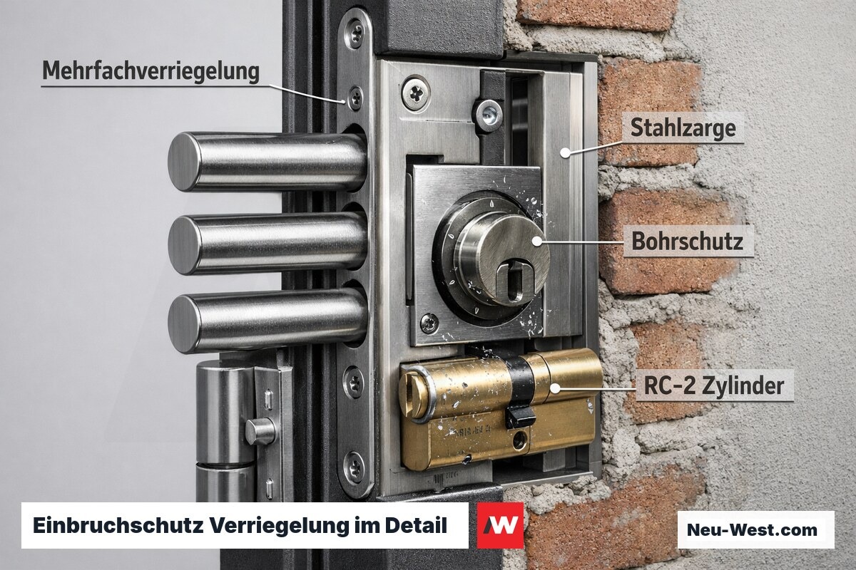 Nahaufnahme Sicherheitstür-Schloss mit Mehrfachverriegelung, Stahlzarge und Bohrschutz nach RC-2-Standard