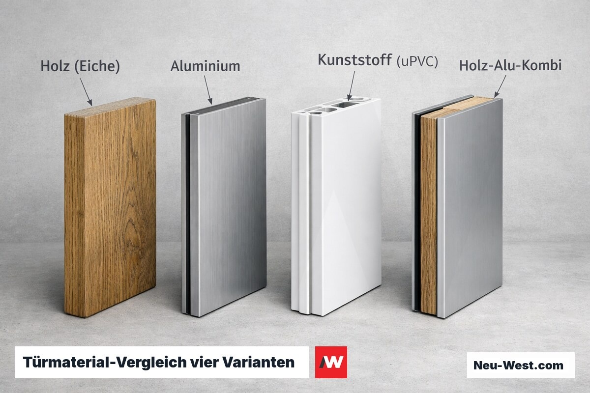 Vier Haustür-Materialproben nebeneinander: Holz, Aluminium, Kunststoff und Holz-Alu-Verbund im direkten Vergleich