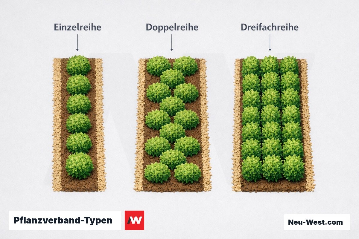 Pflanzverband-Typen: Einzelreihe, Doppelreihe, Dreifachreihe im Vergleich – Erklär-Grafik (NEUWEST Berlin)