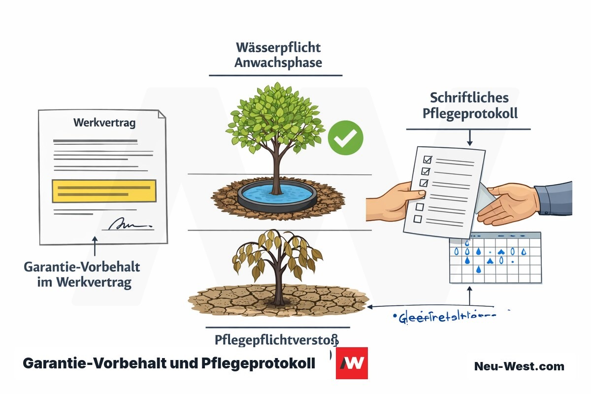 Diagramm zeigt Werkvertrag mit Garantie-Vorbehalt, Wässerpflicht in der Anwachsphase, Pflegepflichtverstoß und schriftliches Pflegeprotokoll zur Abgrenzung der Garantiepflicht.
