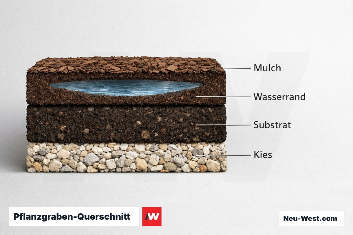 Pflanzgraben-Querschnitt: Drainschicht, Substrat, Wasserrand und Mulchzone – Erklär-Grafik (NEUWEST Berlin)