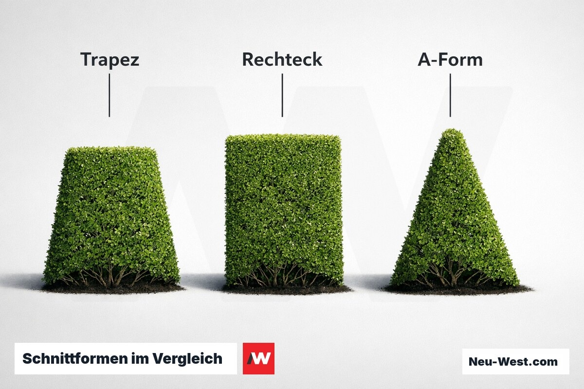 Schnittformen im Vergleich: Trapez, Rechteck und A-Form mit Schattenwurf-Zonen – Erklär-Grafik (NEUWEST Berlin)