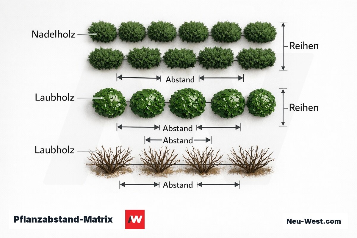 Pflanzabstand-Matrix: Artentyp × Zielhöhe → empfohlener Abstand und Reihenzahl – Erklär-Grafik (NEUWEST Berlin)