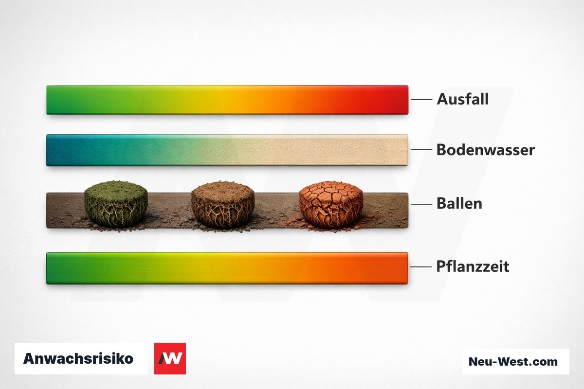 Anwachsrisiko: Pflanzzeitfenster, Ballenzustand und Bodenwasserhaushalt – Erklär-Grafik (NEUWEST Berlin)